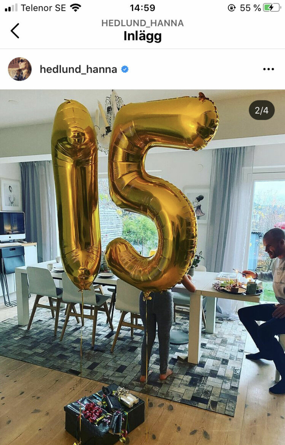 Hanna har visat upp födelsedagsfirandet som bland annat består av ballonger och paket. Firande av sonen