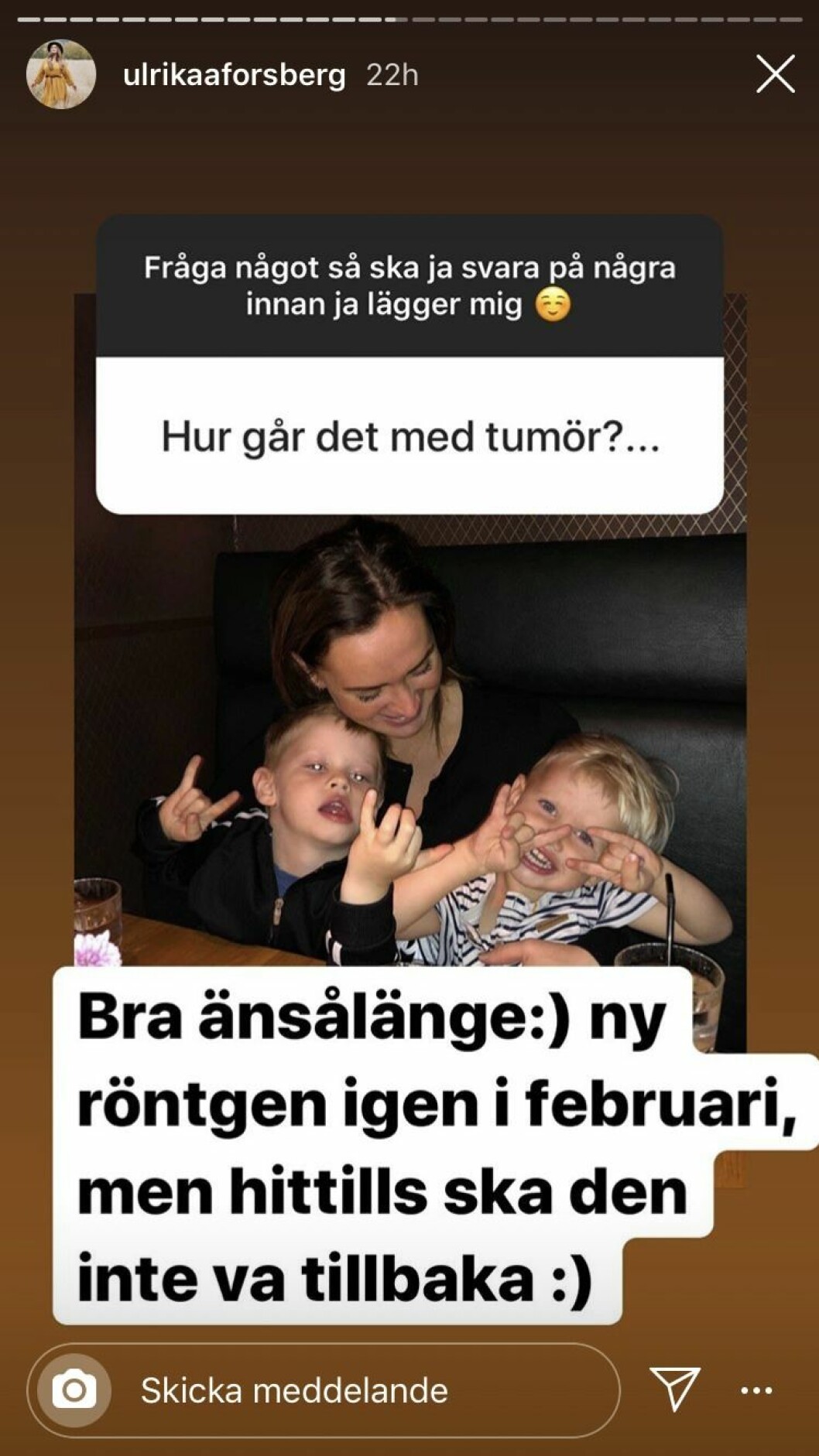 Ulrika Forsbergs underbara svar om sin tidigare sjukdom. Ulrika Forsbergs svar om tumören