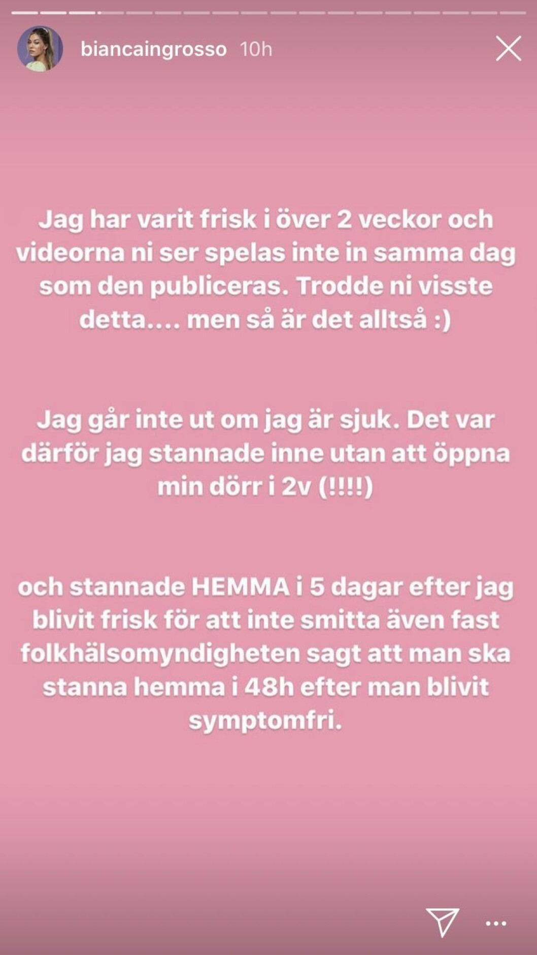 Fortsättning på uppdateringen som Bianca publicerade på sin Instagram story. Foto: Instagram. Bianca Ingrossos Instagram story