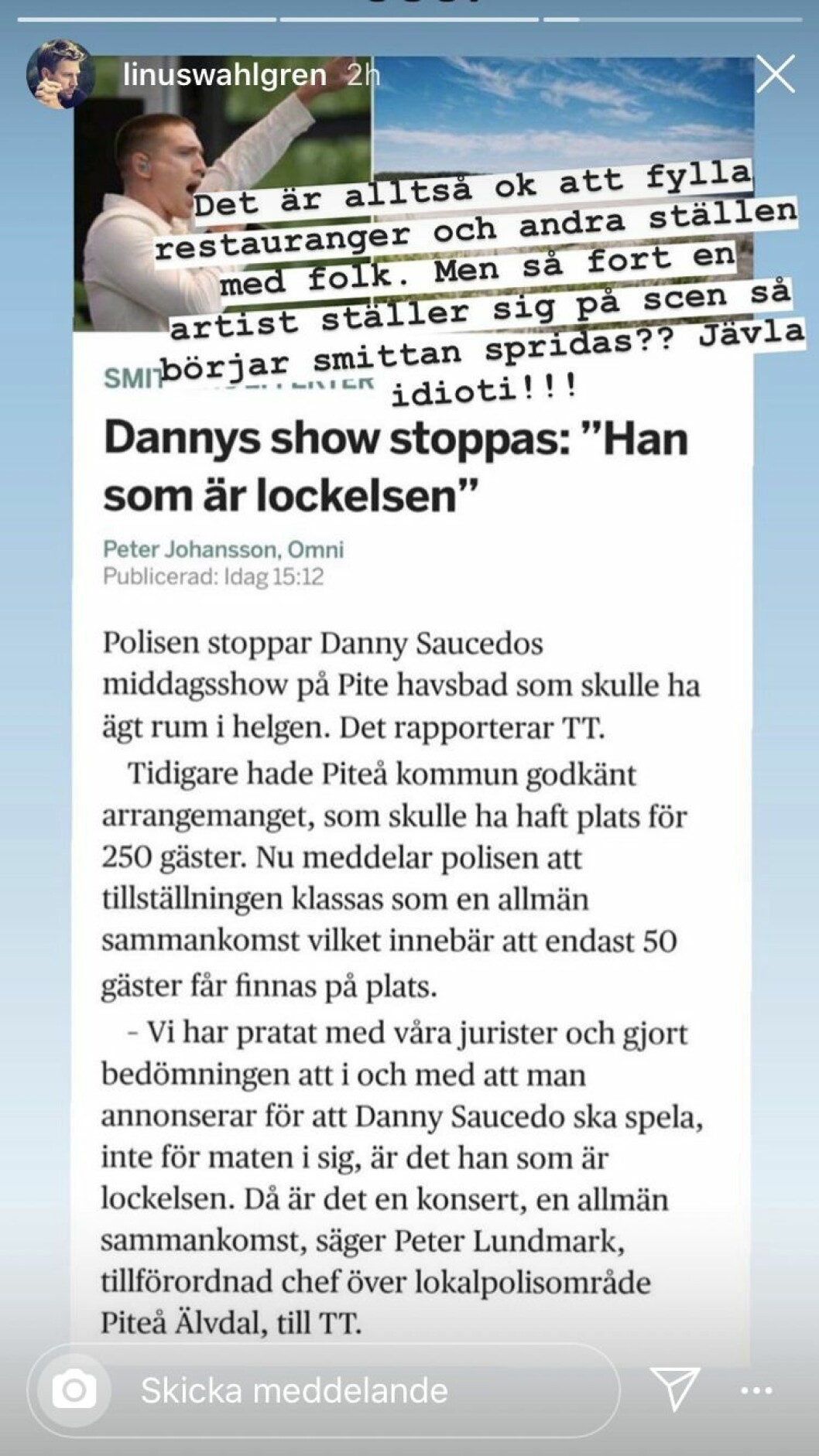 Foto: Instagram Linus Wahlgrens Instagram story