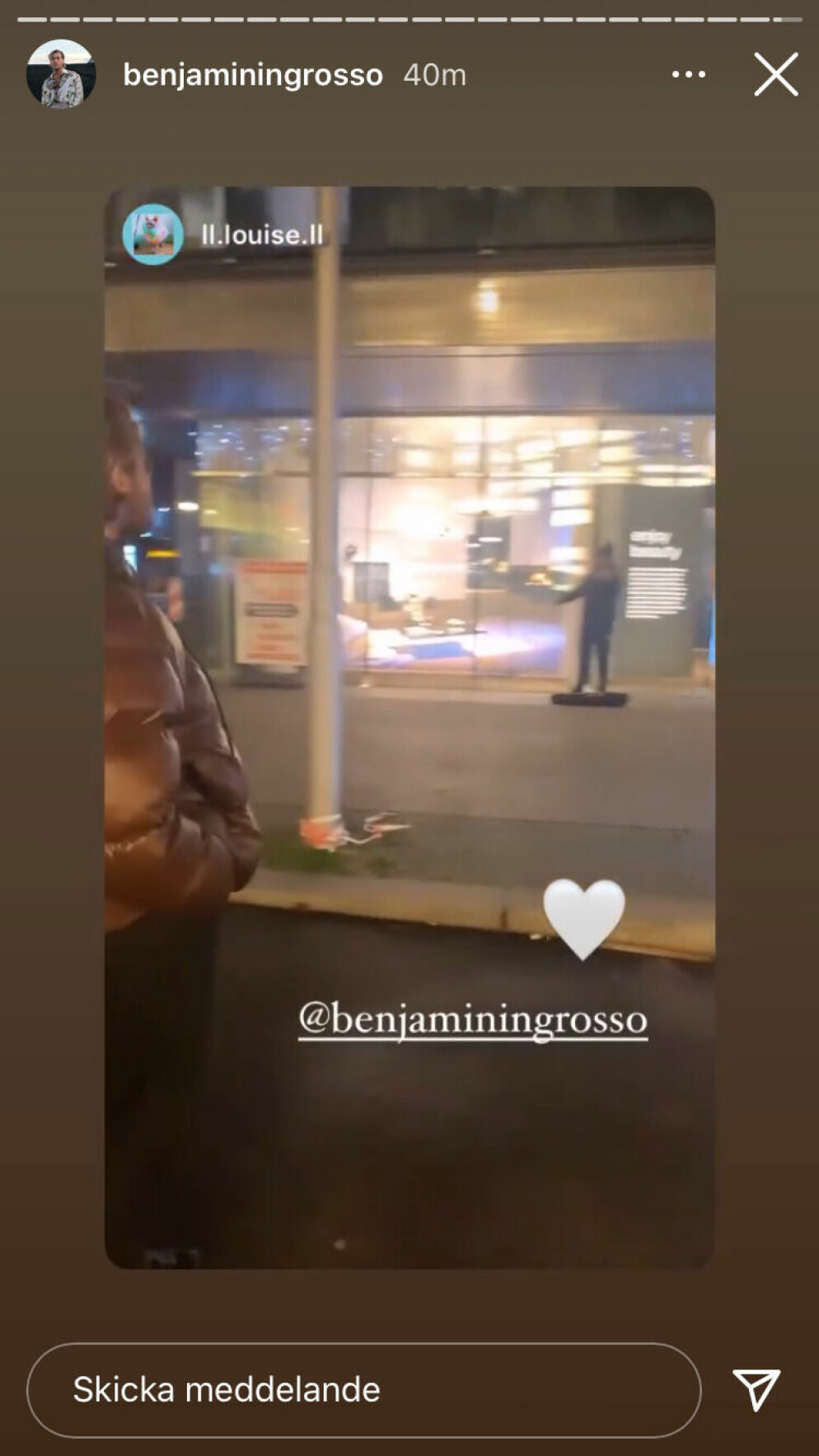 Benjamin valde även att "reposta" Louises videoklipp. BENJAMIN INGROSSO