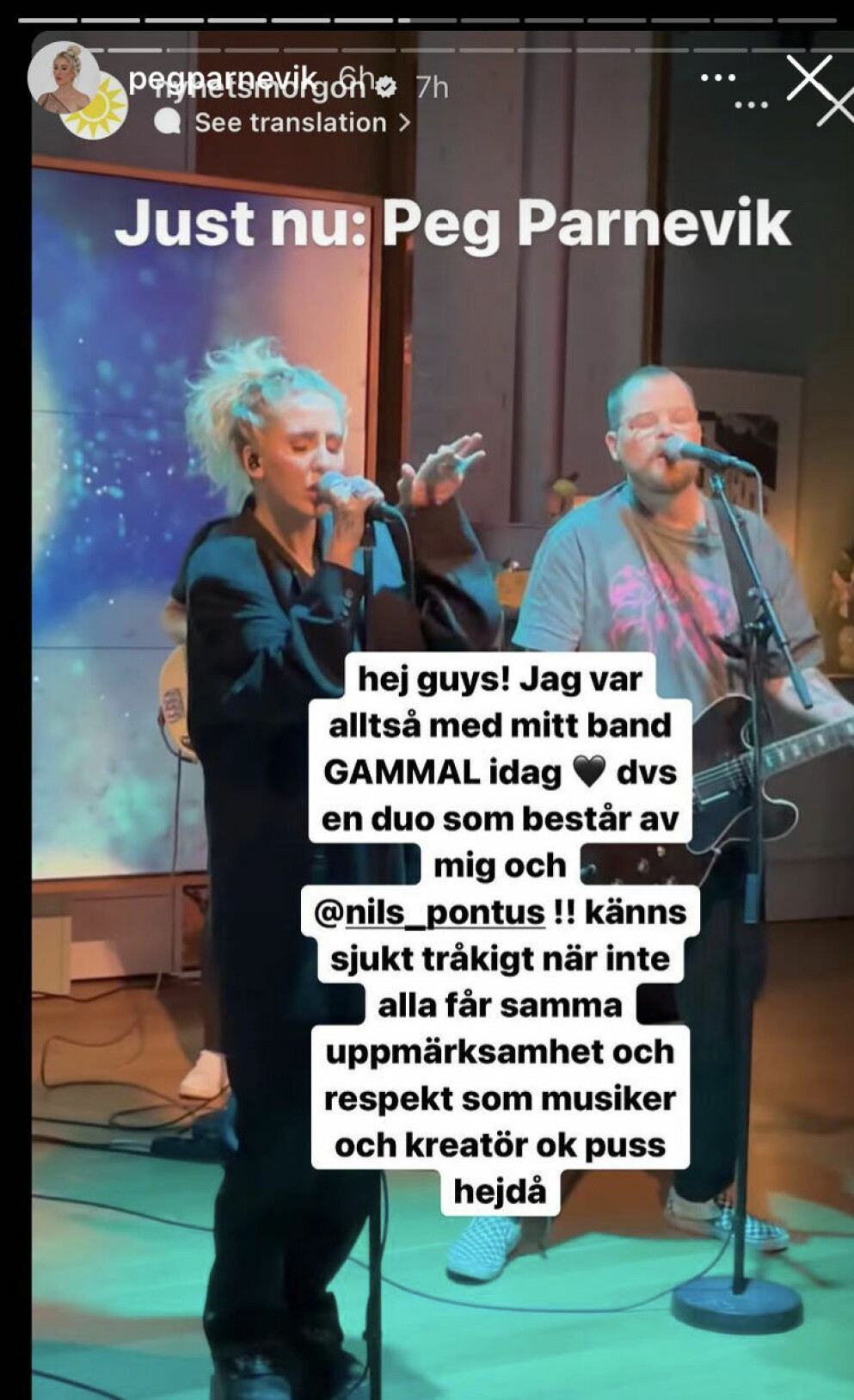 Peg publicerade ett inlägg på sociala medier där hon uppmärksammade sin artist-kollega Pontus. Peg