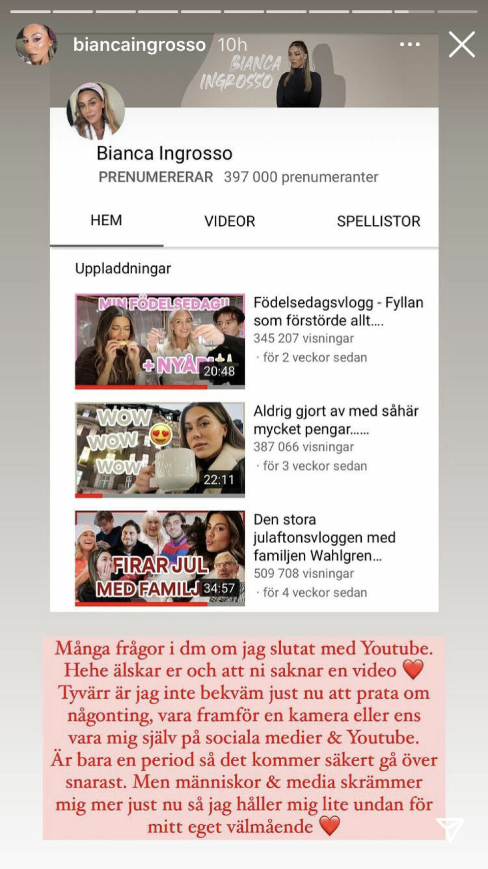 Bianca svarar sina följare om varför hon inte laddat upp videos på youtube. Bianca Ingrosso