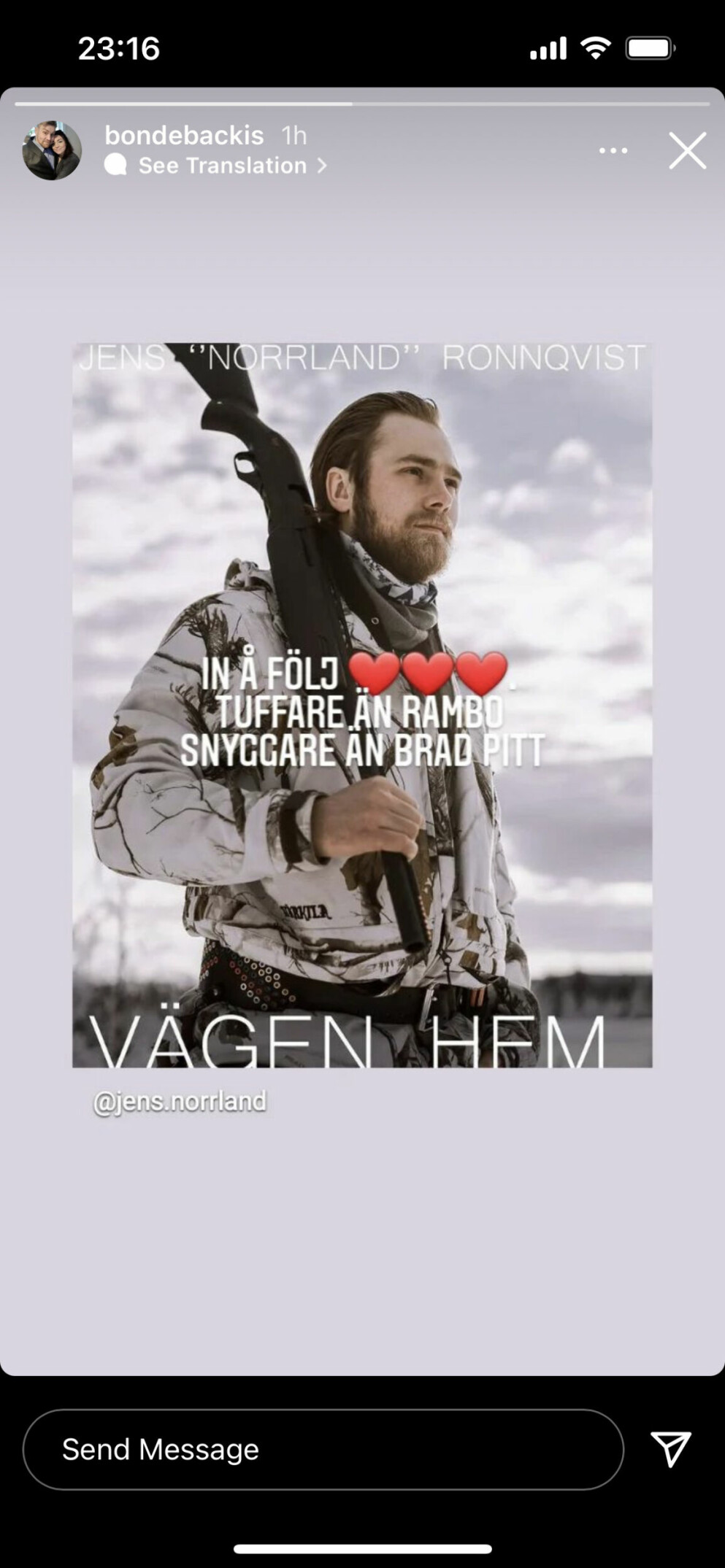Backis skriver bland annat: ”Tuffare än Rambo, snyggare än Brad Pitt” Backis instagram