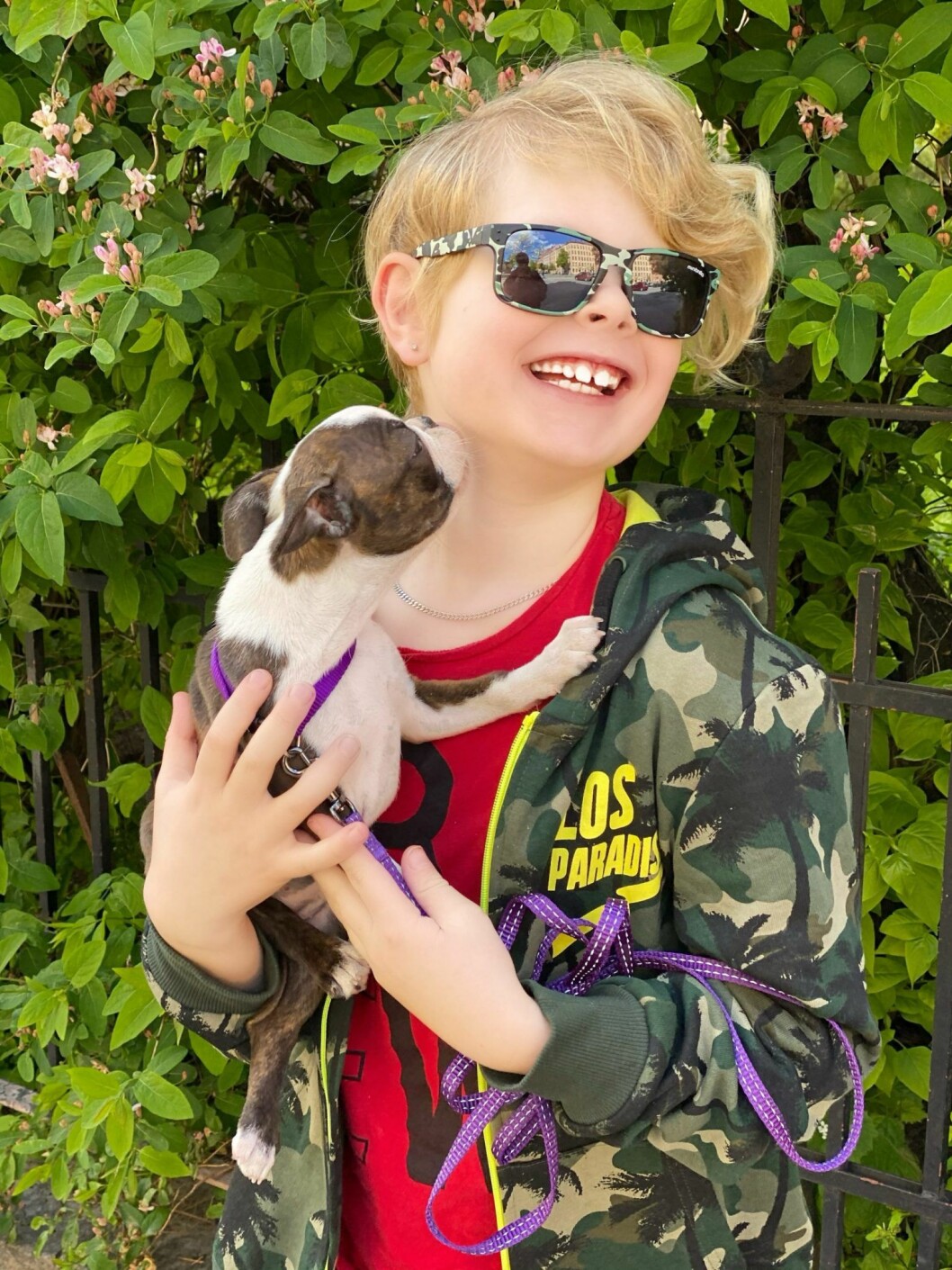 Ludvig med nya kompisen Svea. My Martens son Ludvig och hunden Svea