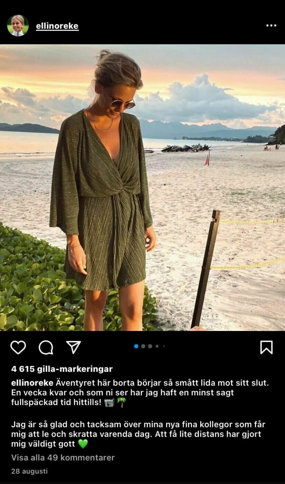Ellinor på en strand för att stå bakom kameran i Robinsson.