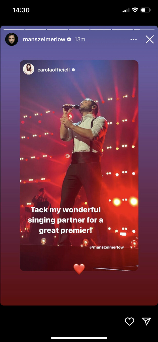 Screenshot Carola Häggkvists Instagram. Carola Häggkvist och Måns Zelmerlöw