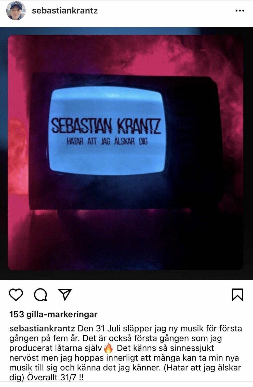 <span class=" bold" data-lab-bold_desktop="bold">I juli 2020 släppte artisten sin nya singel "Hatar att jag älskar dig". Foto: Sebastian Krantz/Instagram </span> Sebastian Krantz egenproducerade låt "Hatar att jag älskar dig"