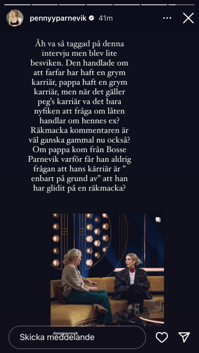 Penny Parneviks ord efter att systern gästat Carina Bergfeldt. Penny Parneviks ord efter att systern gästat Carina Bergfeldt.