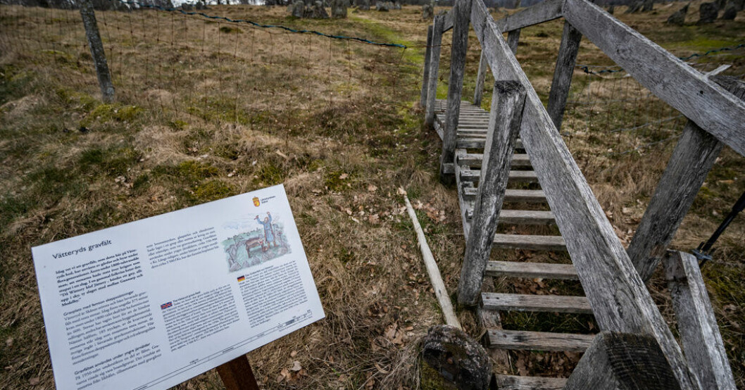 Informationsskylt vid Vätteryds gravfält. Arkivbild. Vikingaby frias från fornminnesbrott