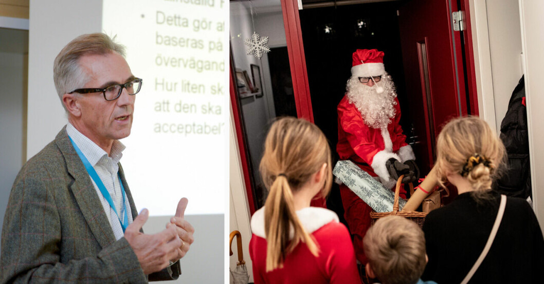 Jan Albert på pressträff och en tomte på julafton i hallen tillsammans med barnen.
