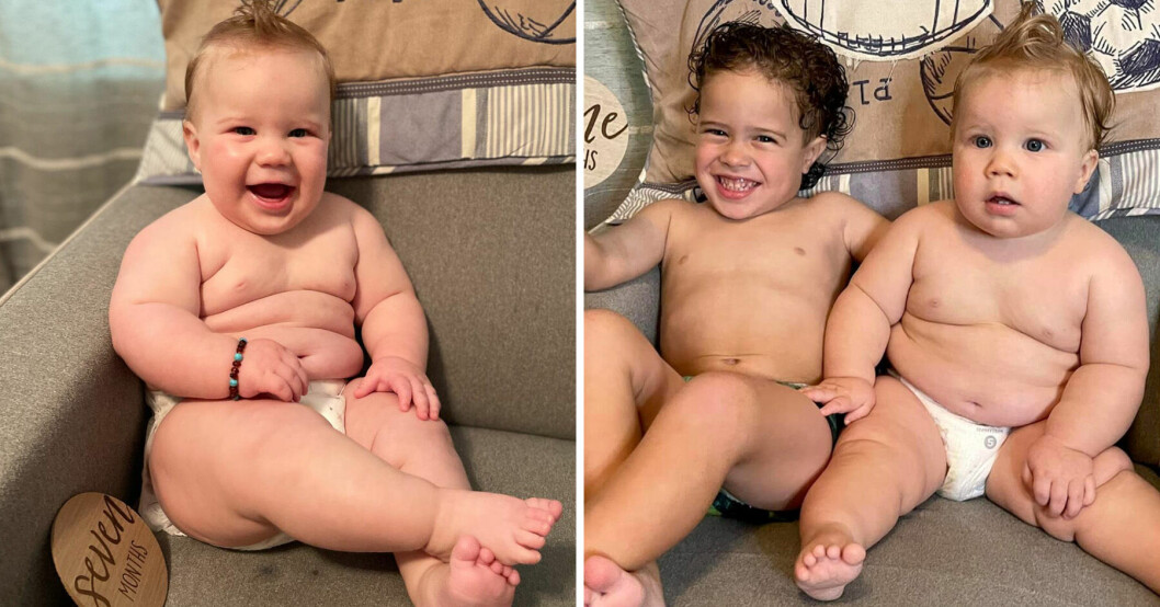 Lilla (stora) Xaylen är bara ett år men använder samma kläder som sin 4-åriga storebror.