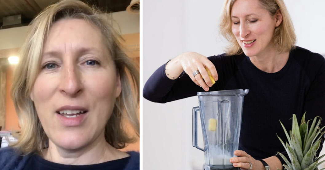 Jeannette Hyde framifrån och ner hon lägger ner ananas i en mixer.
