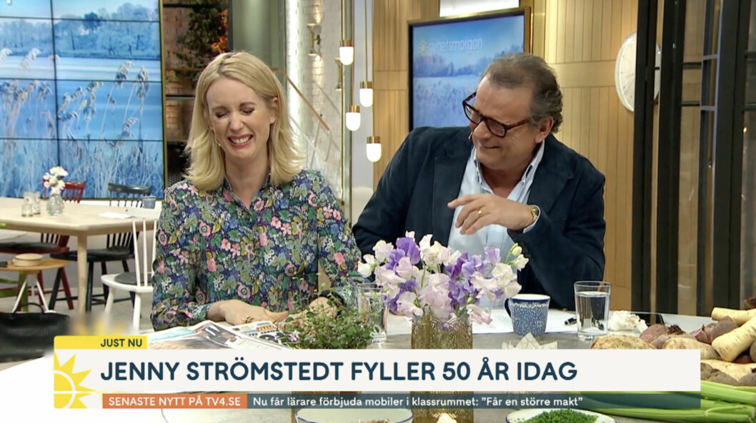 Jenny och Steffo skrattar ofta i tv-rutan när de jobbar med varandra. Jenny och Steffo skrattar ofta i tv-rutan när de jobbar med varandra.