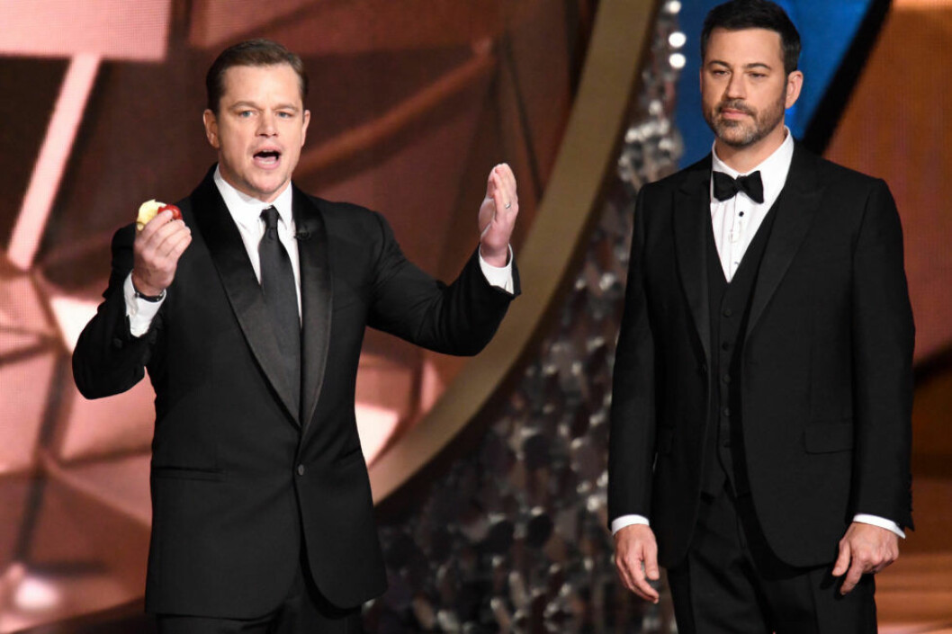 6099759 Sep 18, 2016; Los Angeles, CA, USA; Matt Damon appears with Jimmy Kimmel during 68th Emmy Awards at the Microsoft Theater. Mandatory Credit: Robert Hanashiro-USA TODAY *** Please Use Credit from Credit Field *** COPYRIGHT STELLA PICTURES
