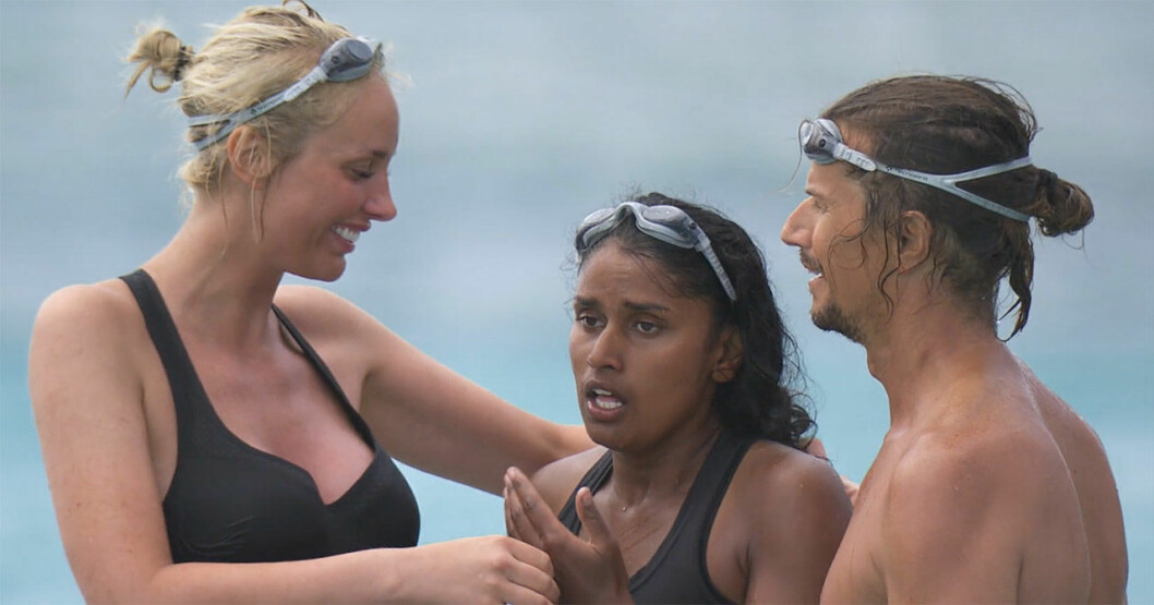 Julia, Priya och Kristove. <strong>Foto: TV4.</strong> Julia Franzén, Priya Svang och Kristove Rueda i Robinson 2020.