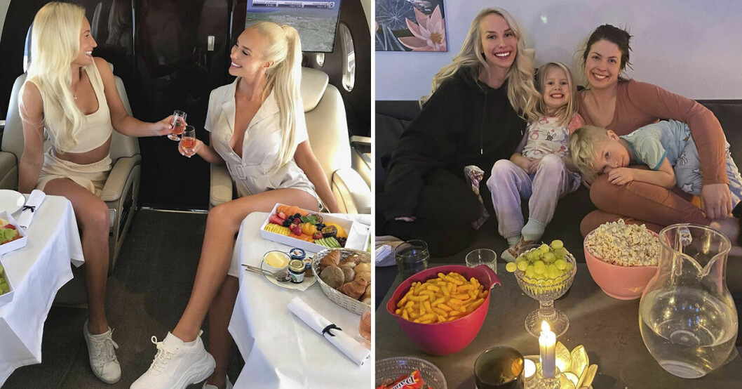 Skilda världar... Till vänster jetset-liv på flyg till St Tropez med kusinen Camilla. Till höger lugnt hemmaliv med syster Linnea och hennes barn i Lerum.