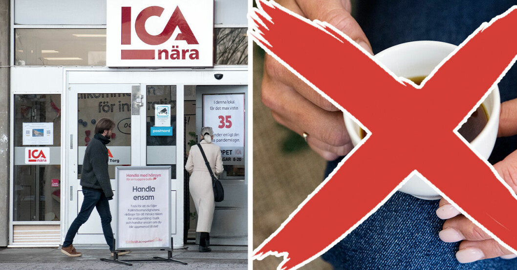 Två personer går in i en Ica-butik och en kvinna med nagellack håller i en kopp kaffe.