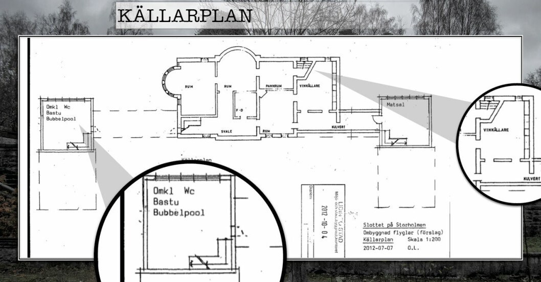 På villans källarplan finns vinkällare, bastu med bubbelpool och en underjordisk matsal. Villa Kassmans källarplan med huvudbyggnad och flyglar.