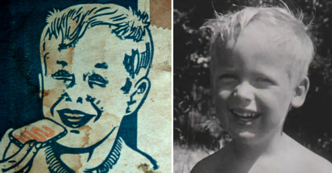 <strong>Mamma tog en trevlig sommarbild på lille Carl. Resten är svensk frukost-historia.</strong> Så såg logotypen för Kalles Kaviar ut de första åren, efter att bilden av Carl Ameln, 5 år, målats av.