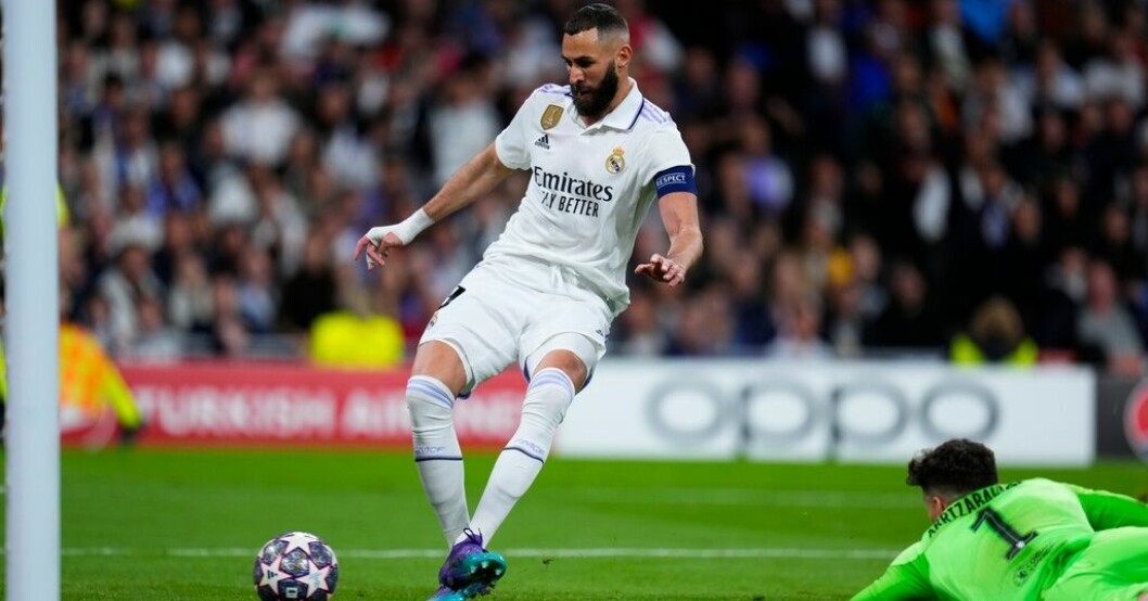 Karim Benzema gör 1–0 för Real Madrid. Champions League: Fördel Real Madrid och Milan