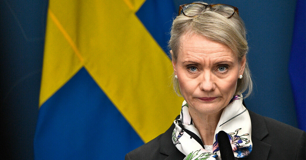 Karin Tegmark Wisell framför svenska flaggan på pressträff.