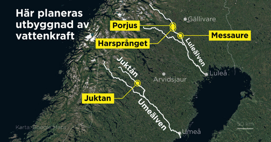 Kartan visar de platser där Vattenfall vill bygga ut befintlig vattenkraft. Minister välkomnar plan om utbyggd vattenkraft