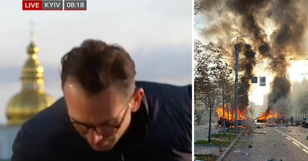 Flera explosioner drabbade Kiev under morgonen – BBS:s journalist Hugo Bachega tvingades fly i direktsändning