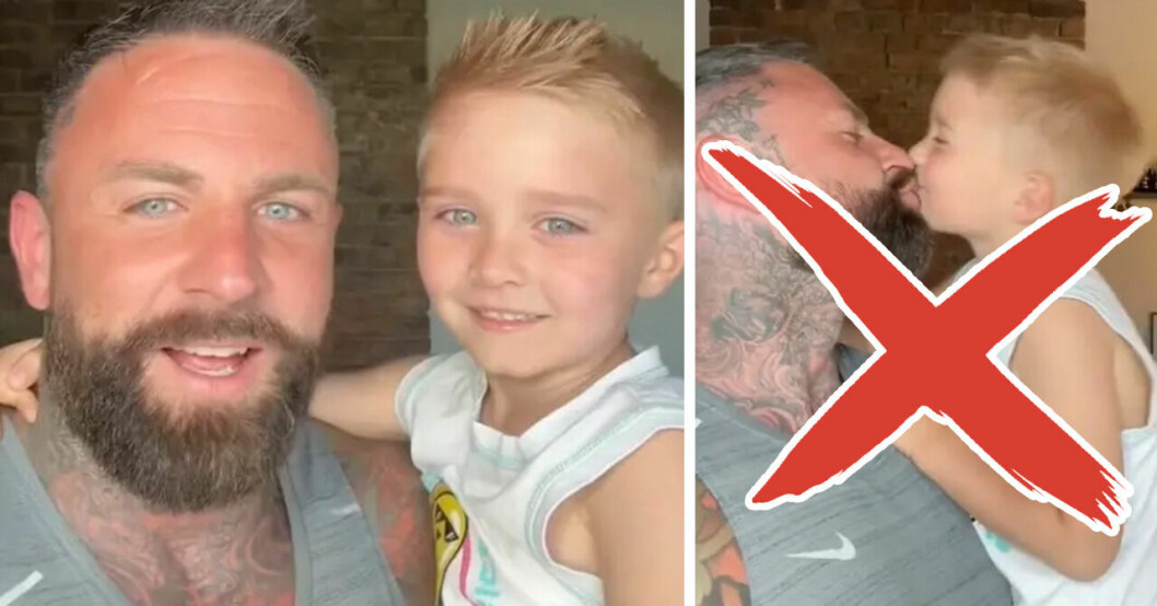 Pappan Tom pussar sin 5-åriga son på munnen – kritiseras på nätet.