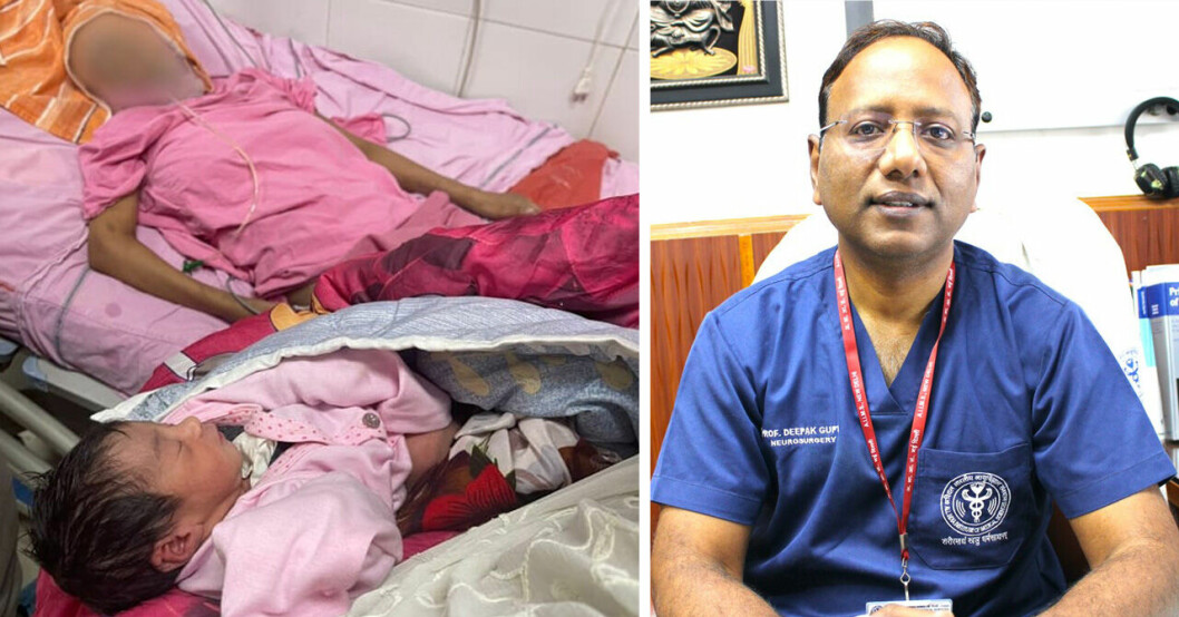 23-åriga Shafiya ligger bredvid sin nyfödda dotter på sjukhuset och till höger syns läkaren Deepak Gupta.