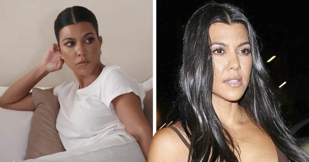 Kourtney Kardashian. Kourtney Kardashian i vit t-shirt i en soffa.