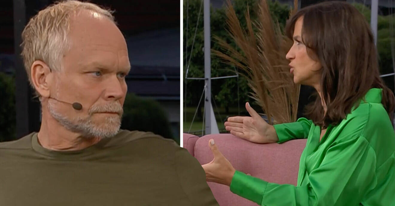 Programledaren Kristian Luuk har en brun tröja, Petra Mede har en grön blus.
