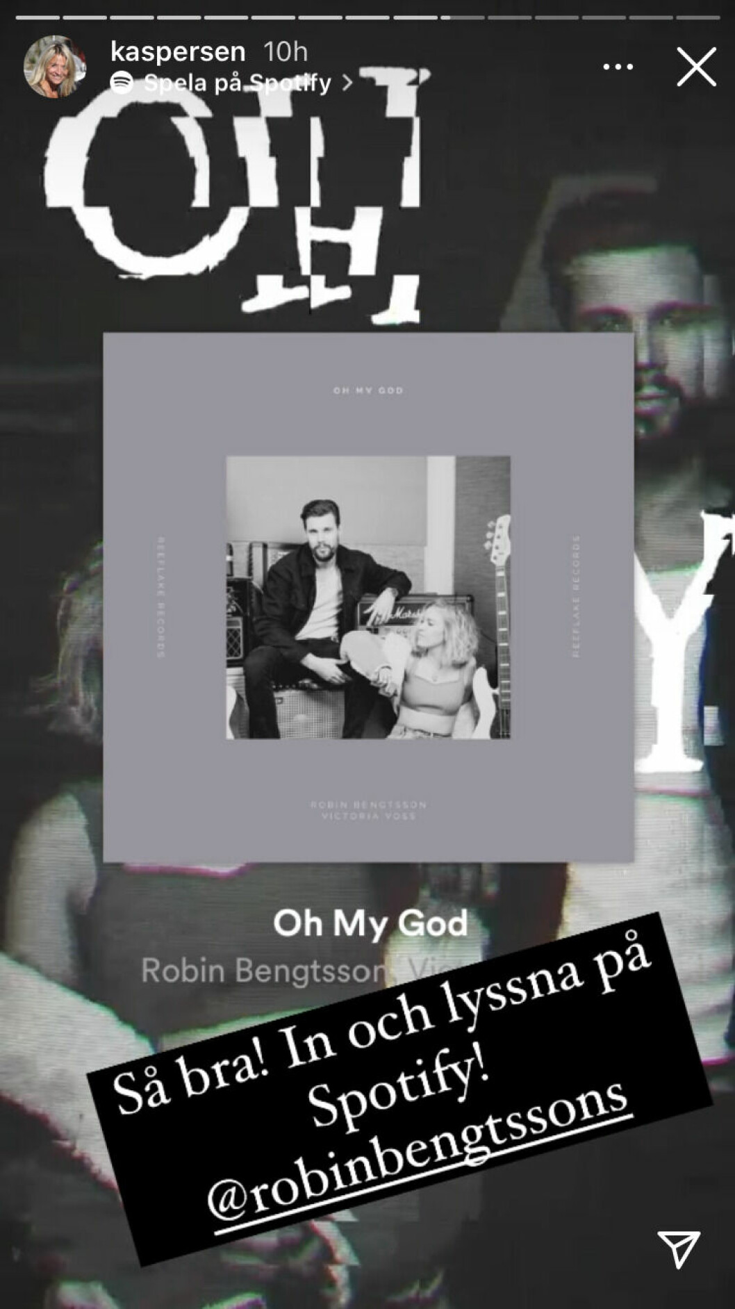 Kristin Kaspersens uppmaning till följarna att lyssna på <span class=" italic" data-lab-italic_desktop="italic">Let's dance</span>-kompisen Robin Bengtssons musik. Kristin Kaspersens uppmaning till följarna att lyssna på Let's dance-kompisen Robin Bengtssons musik.