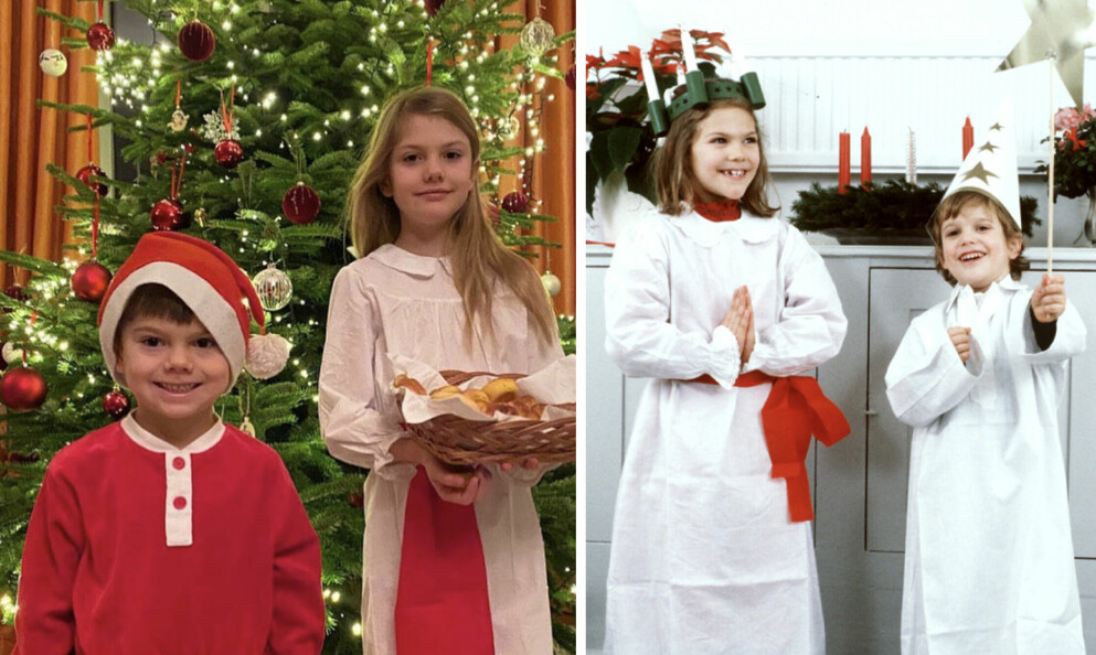 Prins Oscar, prinsessan Estelle till vänster och kronprinsessan Victoria och prins Carl Philip till höger. Prins Oscar som tomte, prinsessan Estelle som Lucia, kronrprinsessan Victoria som Lucia och prins Carl Philip som