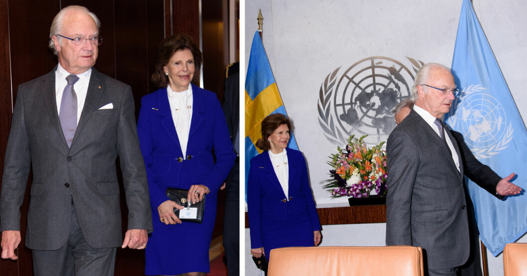 Kung Carl Gustaf ville stå i mitten när han och drottning Silvia skulle fotas med FN:s generalsekreterare António Guterres och viftade bort drottningen.