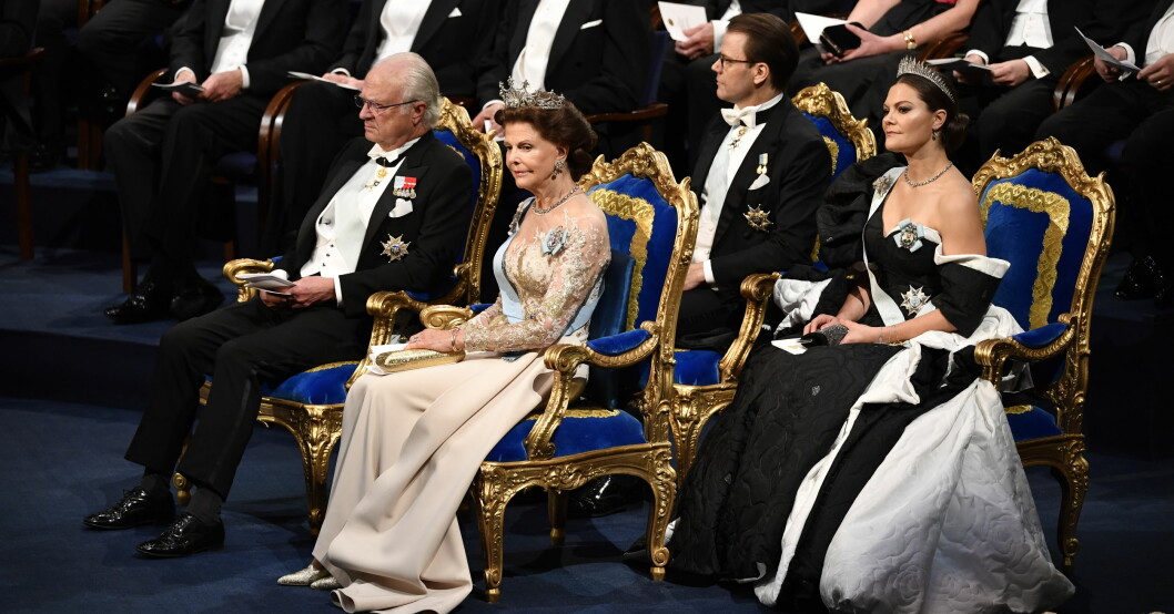 Kungen, drottningen, prins Daniel och kronprinsessan på Nobelfesten 2019.
