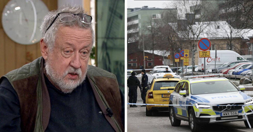 Leif GW Persson och polisbil och poliser vid en skjutning i Rinkeby