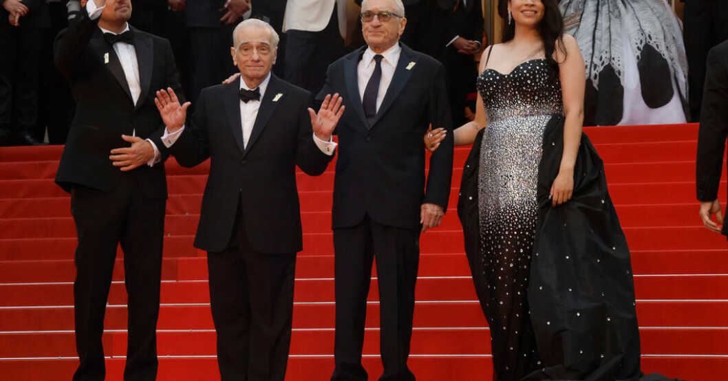 Leonardo DiCaprio, Martin Scorsese, Robert De Niro, och Cara Jade Myers på premiären av filmen "Killers of the flower Moon" på Cannesfestivalen i helgen. Stående ovationer för Scorseses nya film