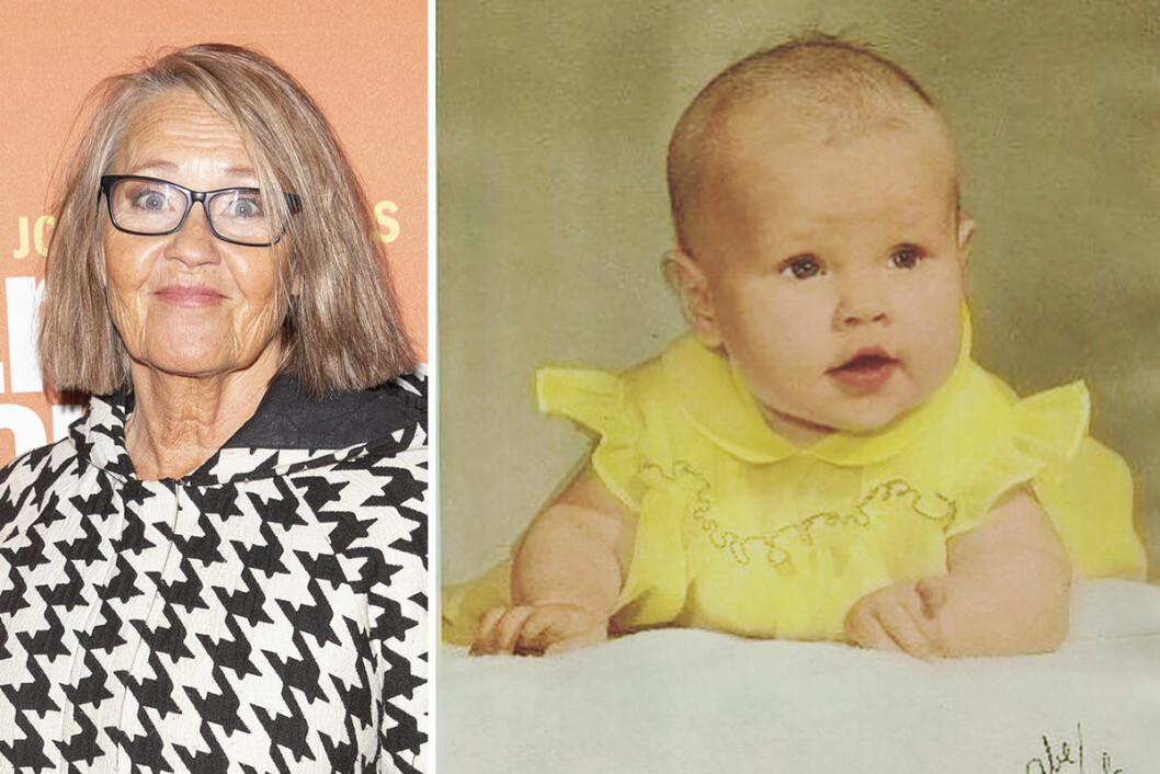 Skådespelaren Carina Lidbom i dag och som bebis. Carina Lidbom som bebis.