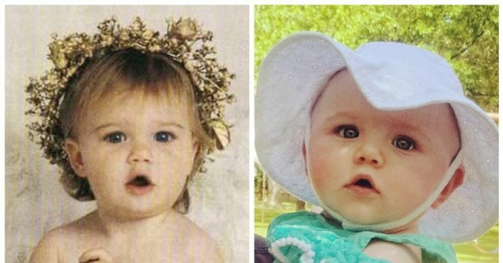 Mor och dotter, båda 9 månader gamla. Det är väldigt likt, men hade varit bättre om de haft samma hatt. Oavsett vad ser de lika förvirrade ut båda två. Lika som bär