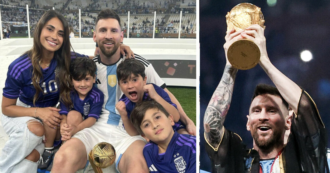 Lionel Messi tillsammans med frun Antonella Roccuzzo och sönerna Ciro, Mateo och Thiago.