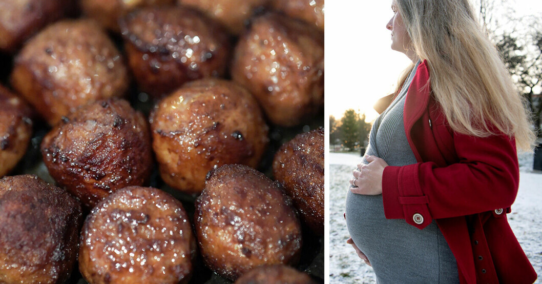 Köttbullar och en gravid kvinna som håller om sin mage.