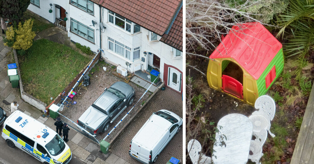 Avspärrningsband, poliser och en polisbil utanför radhuset där det hände. Leksaker i trädgården utanför till höger.