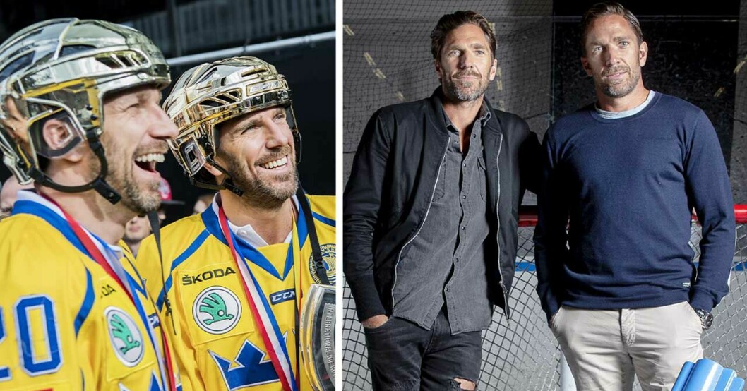 Joel och Henrik Lundqvist i guldhjälmar och till höger står de framför ett hockeymål.