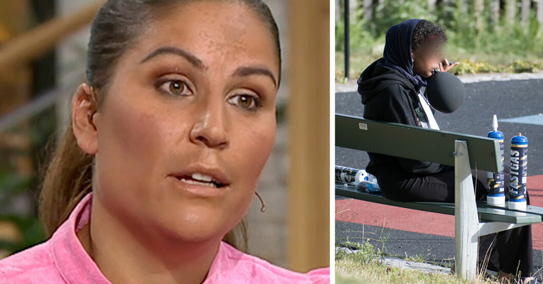 Christine Svärd som hamnade i rullstol efter att ha festat med lustgas. Till höger inhalerar en ungdom lustgas.