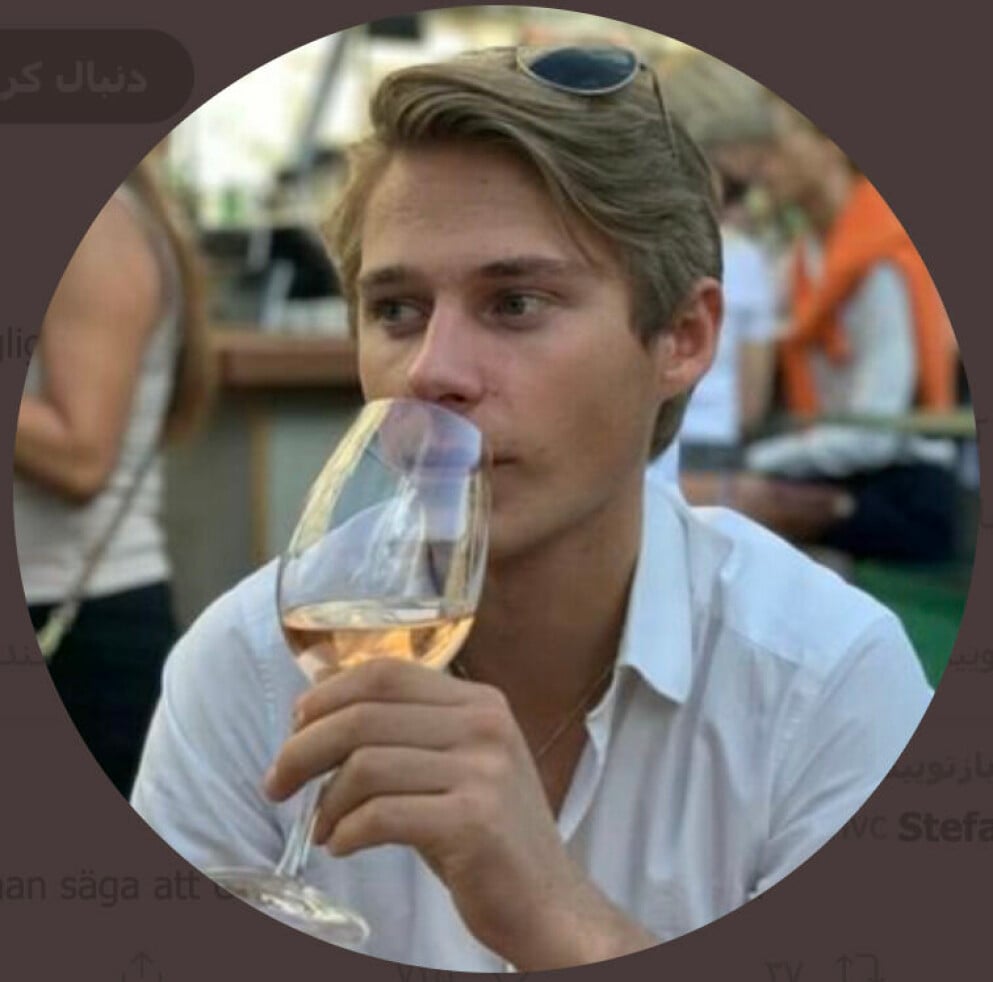 Magdalena Anderssons son Björn Friberg sippar på ett glas rosé. Björn Friberg är Magdalena Anderssons barn