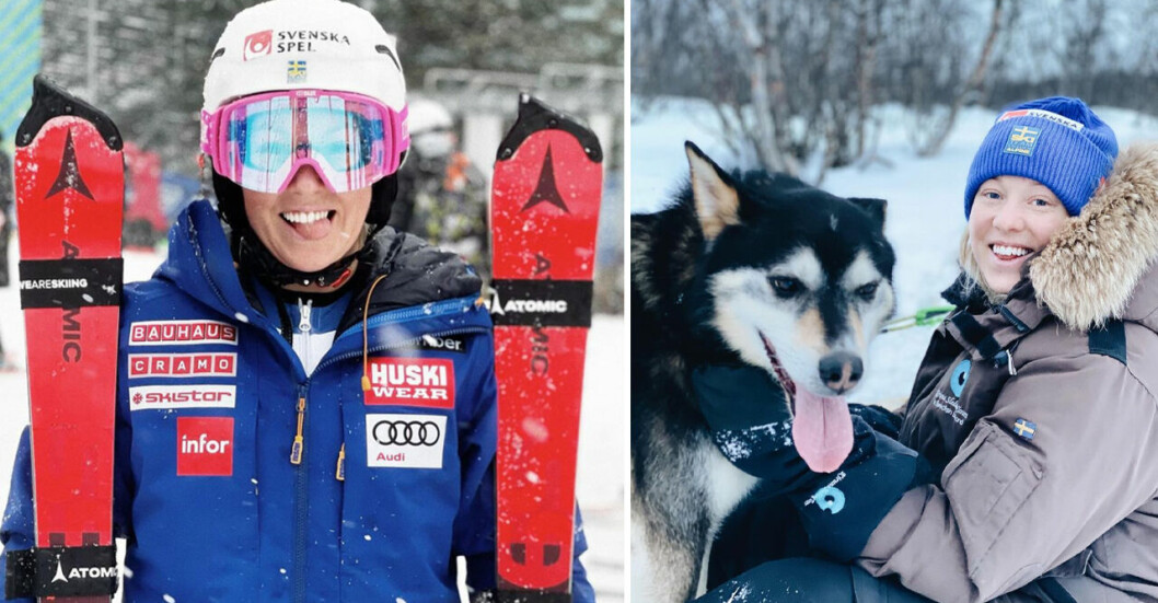 <strong>Magdalena Fjällström har kämpat med skador sedan genombrottet.</strong> Magdalena Fjällström, alpin skidåkare tillsammans med en hund.