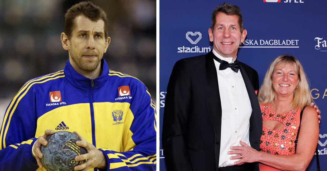 Magnus Wislander med en handboll och Magnus Wislander tillsammans med frun Camilla Wislander.