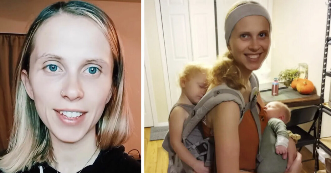 Kaytlynn Green själv till vänster och med sina två barn Olive och Felix, en på ryggen och en i famnen, till höger.