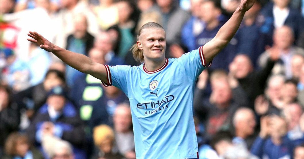 Manchester Citys Erling Braut Haaland. Två mål för Haaland – tangerar Salahs rekord
